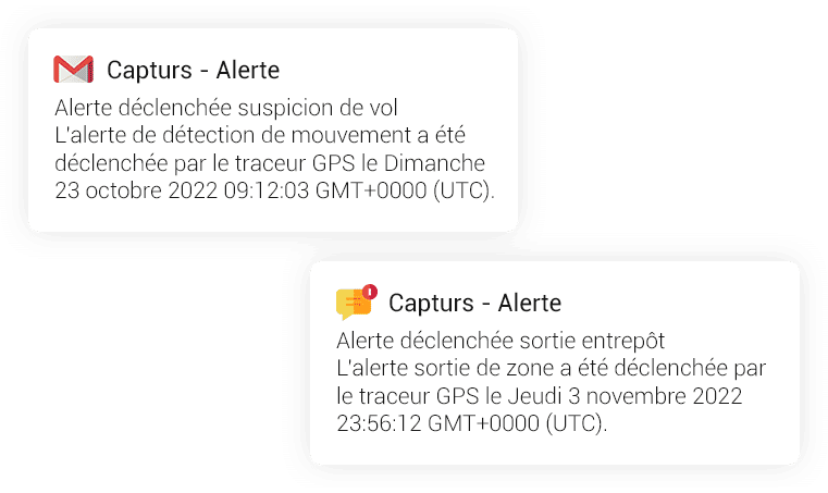 Alertes SMS et Email - mouvement - sortie de zone - absence - clic bouton