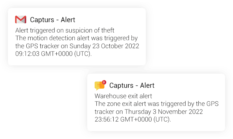 SMS and Email alerts - movement - zone exit - absence - click button